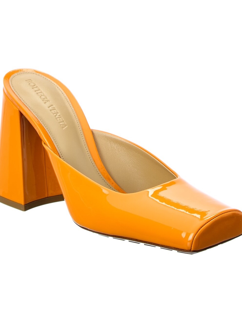 🧡 Bottega Veneta Orange Patent Leather Square-Toe Mules — Size 42